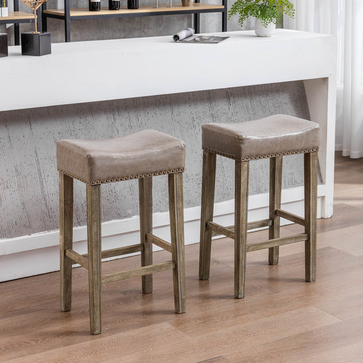 Counter Height 29" Bar Stools for Kitchen Counter Backless Faux Leather Stools Farmhouse Island Chairs (29 Inch Gray Set of 2)