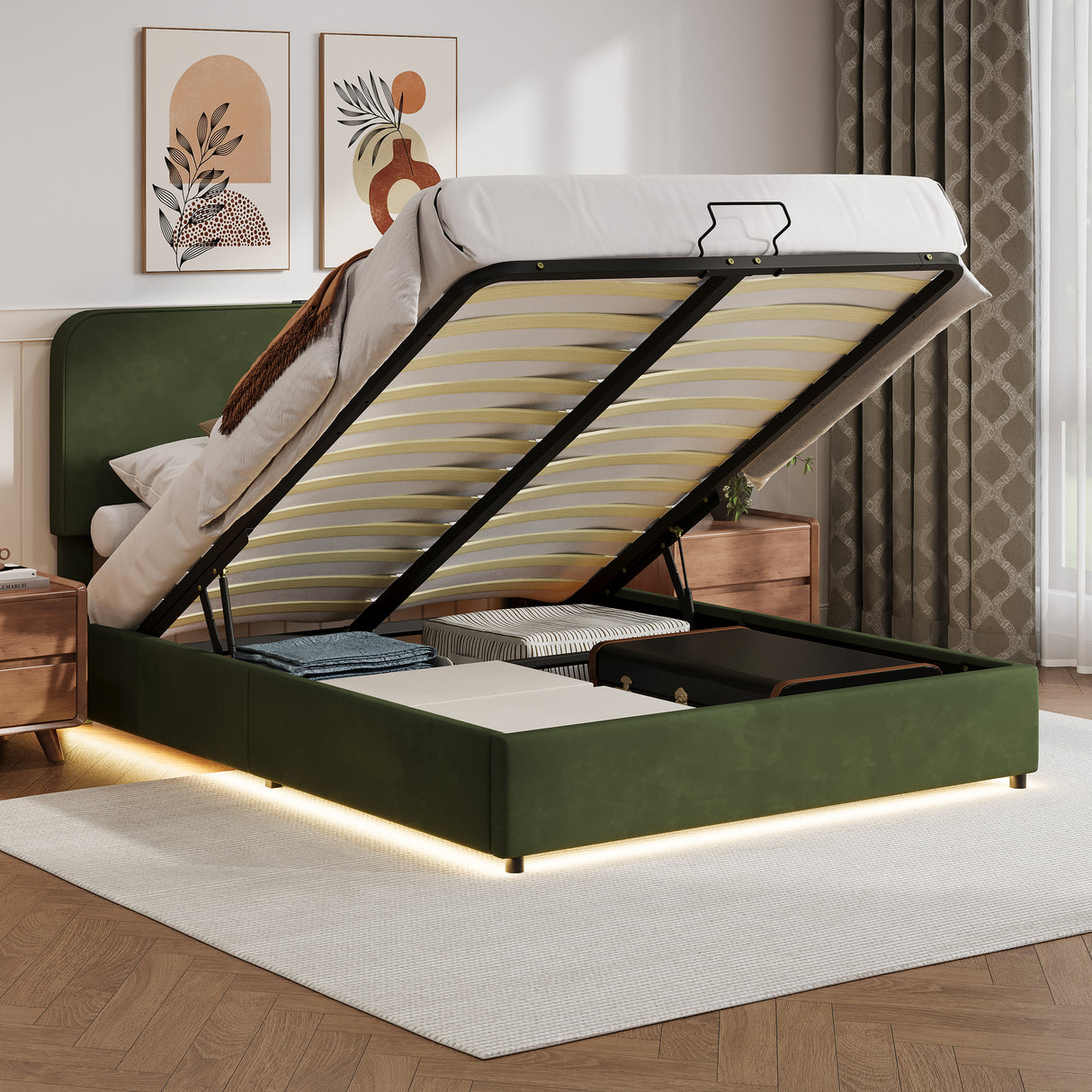Large hydraulic storage bed with soft cushion lifting storage bed with RGB LED lights, Bluetooth speaker lychee velvet, green - V.I.P Digital Presence