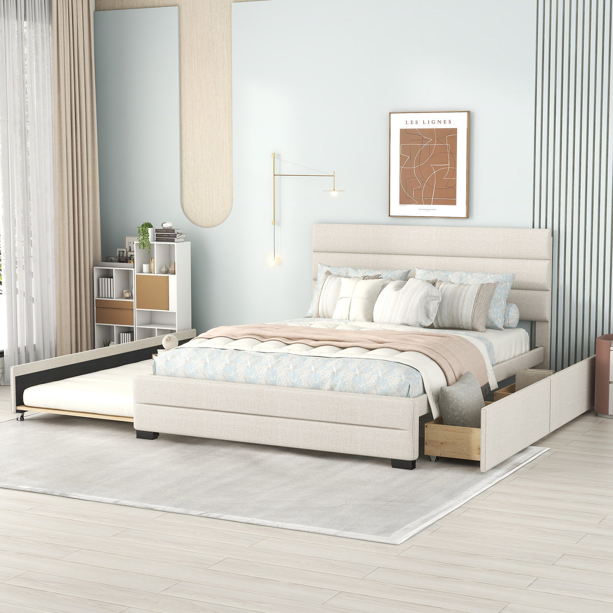 Queen Upholstered Platform Bed with Twin Size Trundle and Two Drawers Beige