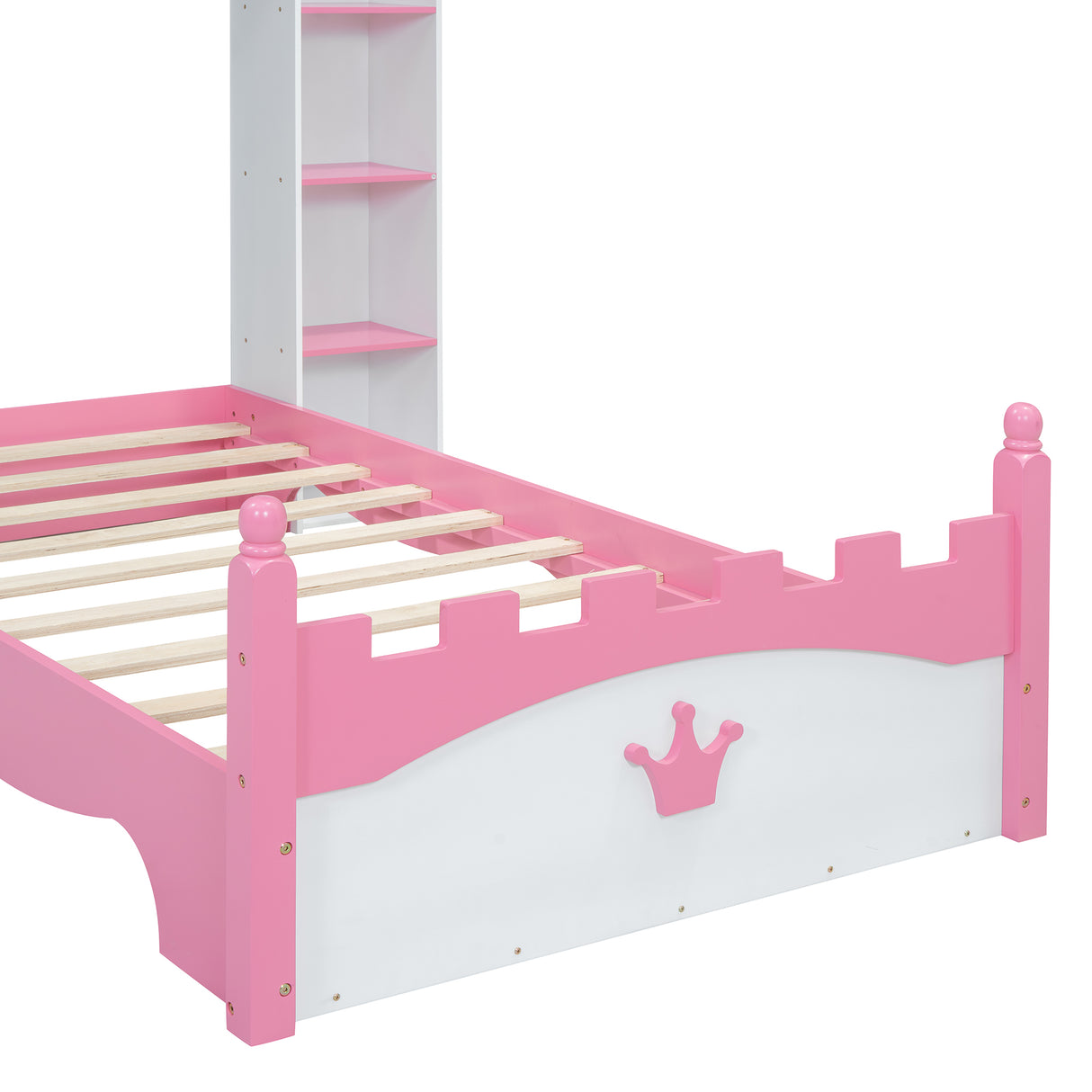 Castle-Shaped Wooden Bed with Storage Shelf, Dreamy Twin Size Platform Bed for Kids Bedroom, White + Pink - V.I.P Digital Presence