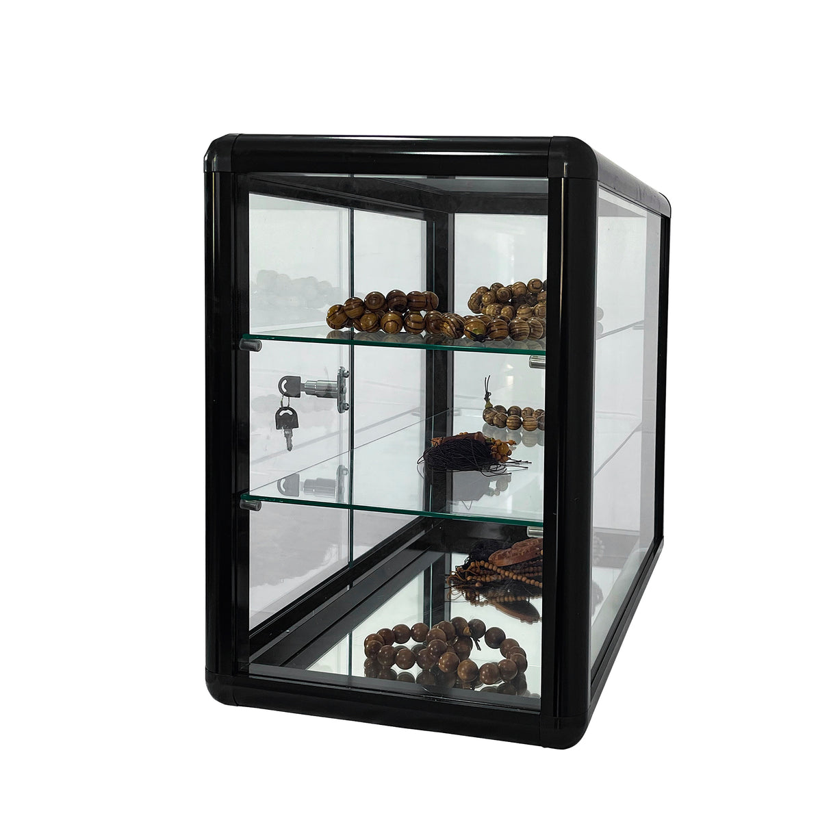 Tempered glass counter top display cabinet with sliding glass door and lock, standard aluminum frame - V.I.P Digital Presence
