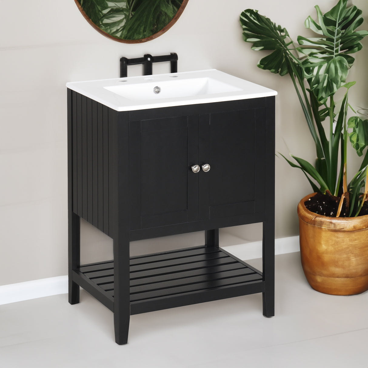 24" Black Modern Sleek Bathroom Vanity Elegant Ceramic Sink with Solid Wood Frame Open Style Shelf - V.I.P Digital Presence