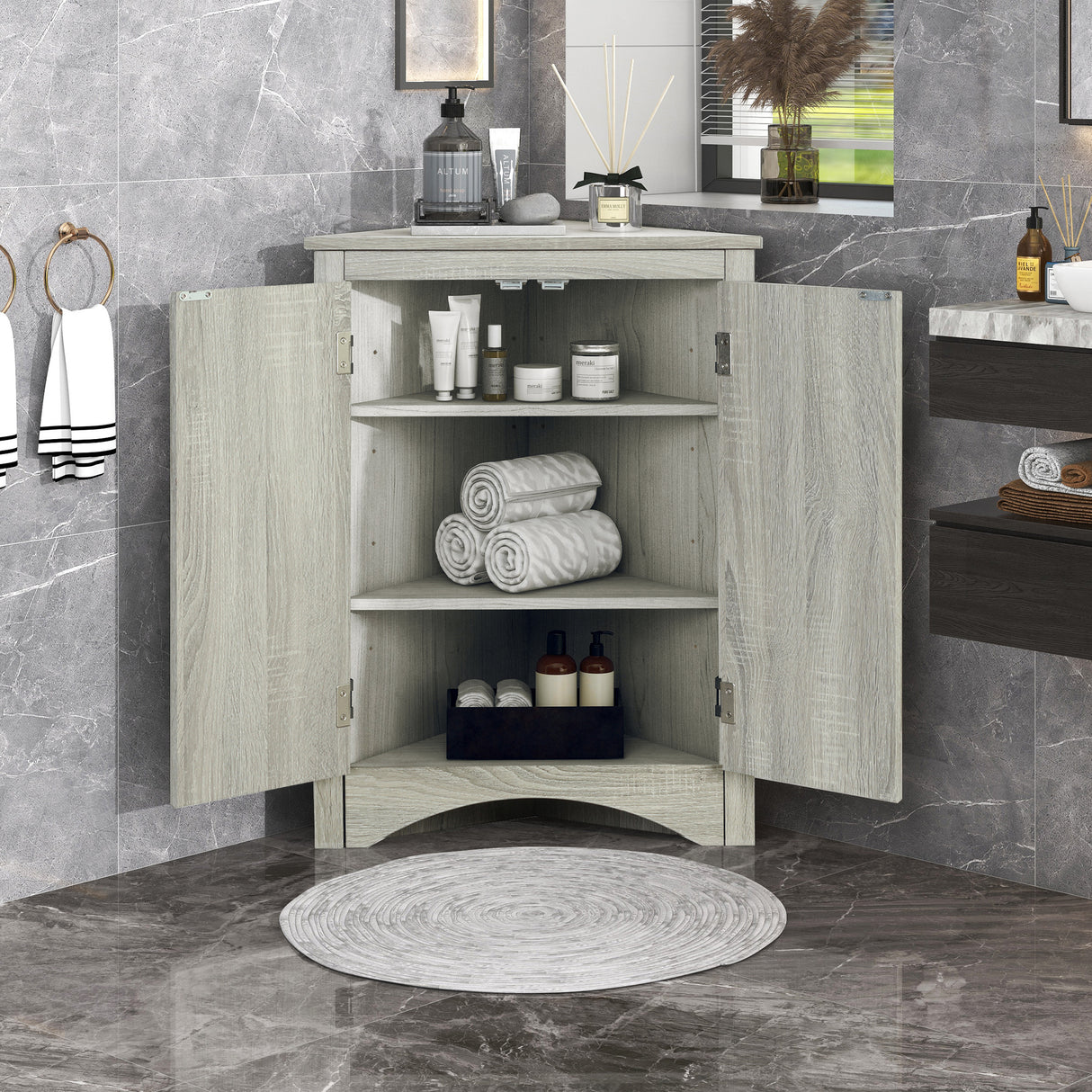 Oak Triangle Bathroom Storage Cabinet with Adjustable Shelves, Freestanding Floor Cabinet for Home Kitchen - V.I.P Digital Presence