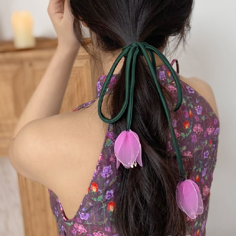 Tulip tie ribbon hair loop fairy three-dimensional flower entanglement knot tying hair rope - V.I.P Digital Presence