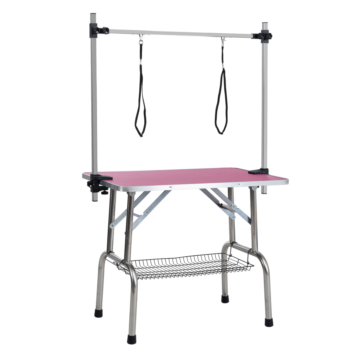36 inch folding pet grooming table with stainless steel frame and rubber pad, equipped with adjustable armrests and clips (pink) - V.I.P Digital Presence