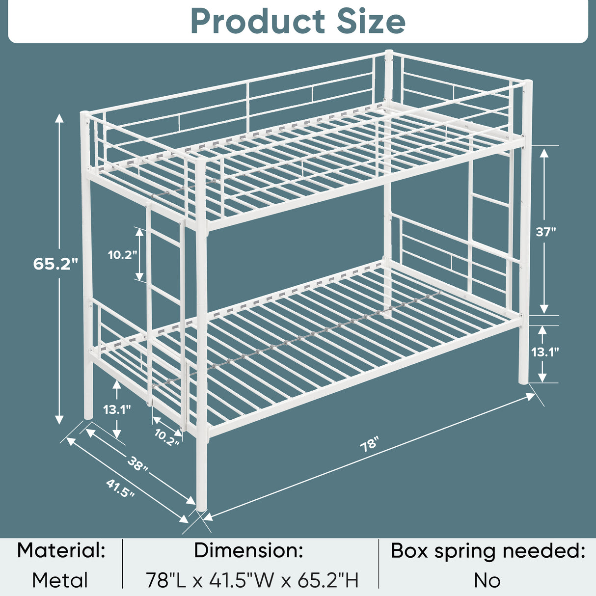 Twin metal bunk beds, metal structure bed frame with safety guardrails and 2 ladders, convertible bunk beds, white - V.I.P Digital Presence