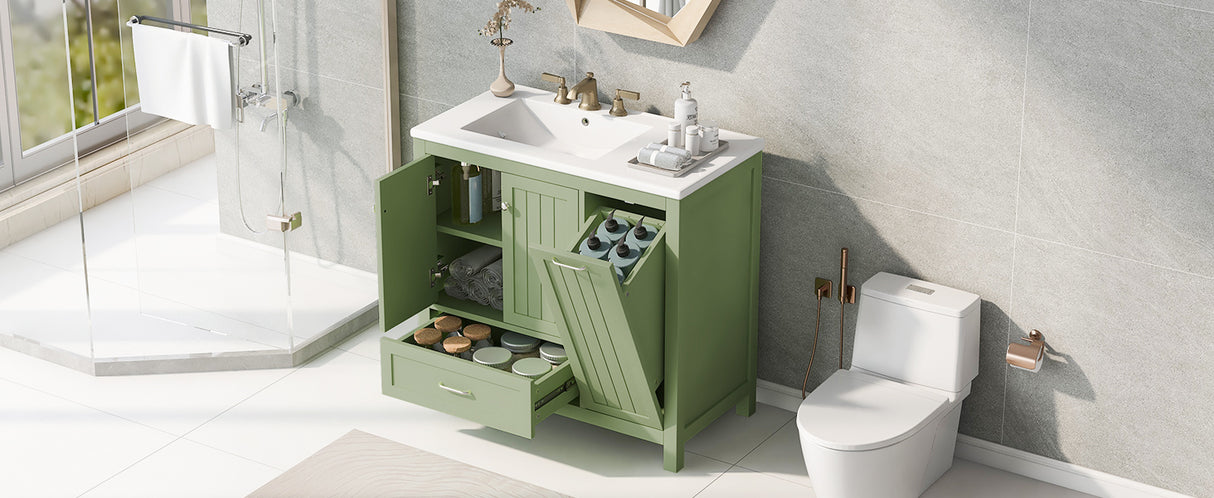 36 inch bathroom vanity with sink, one double door cabinet one large drawer and one flip drawer solid wood and MDF board, green - V.I.P Digital Presence