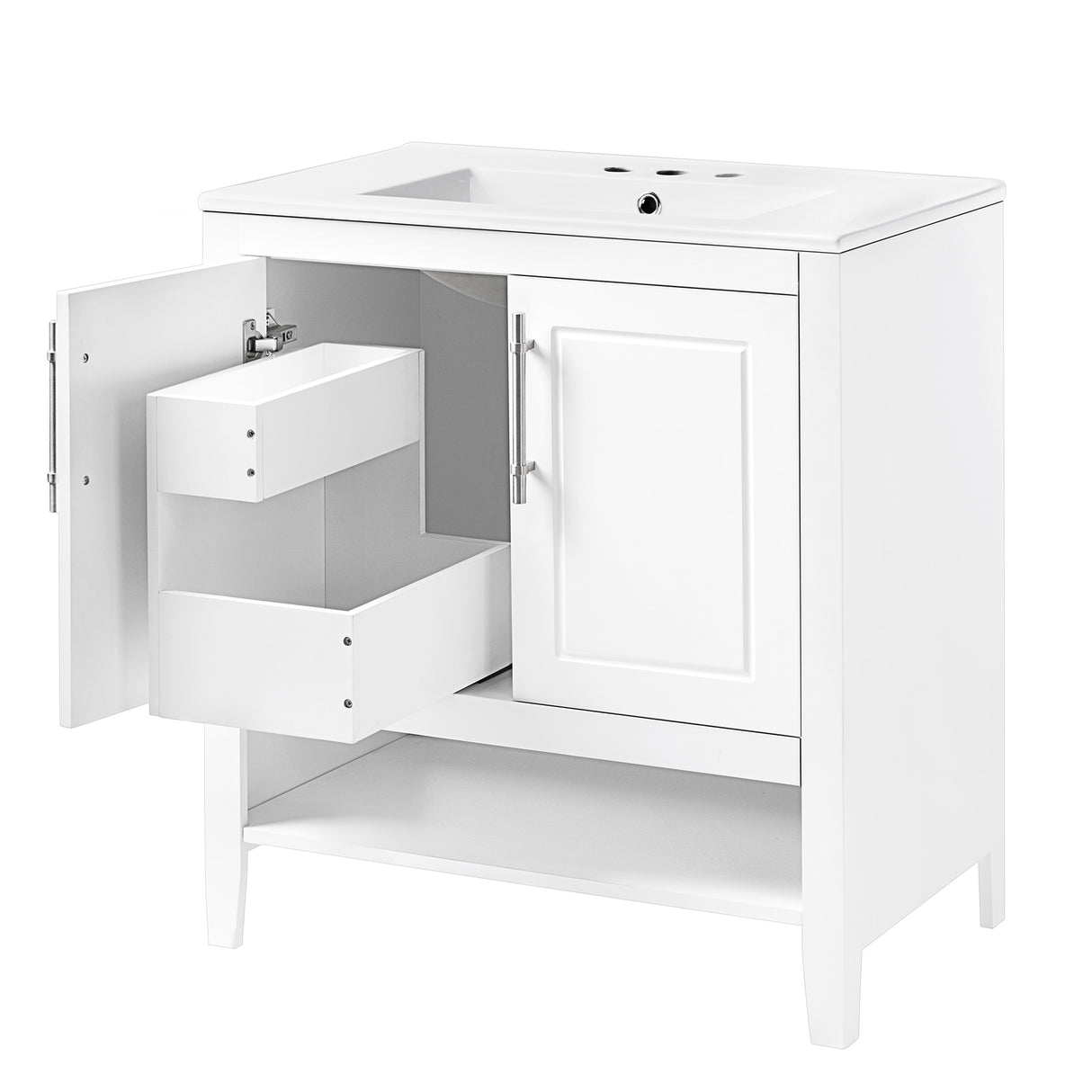 30" Bathroom Vanity with Sink Multi-functional Bathroom Cabinet with Doors and Drawers Solid Frame and MDF Board, White - V.I.P Digital Presence