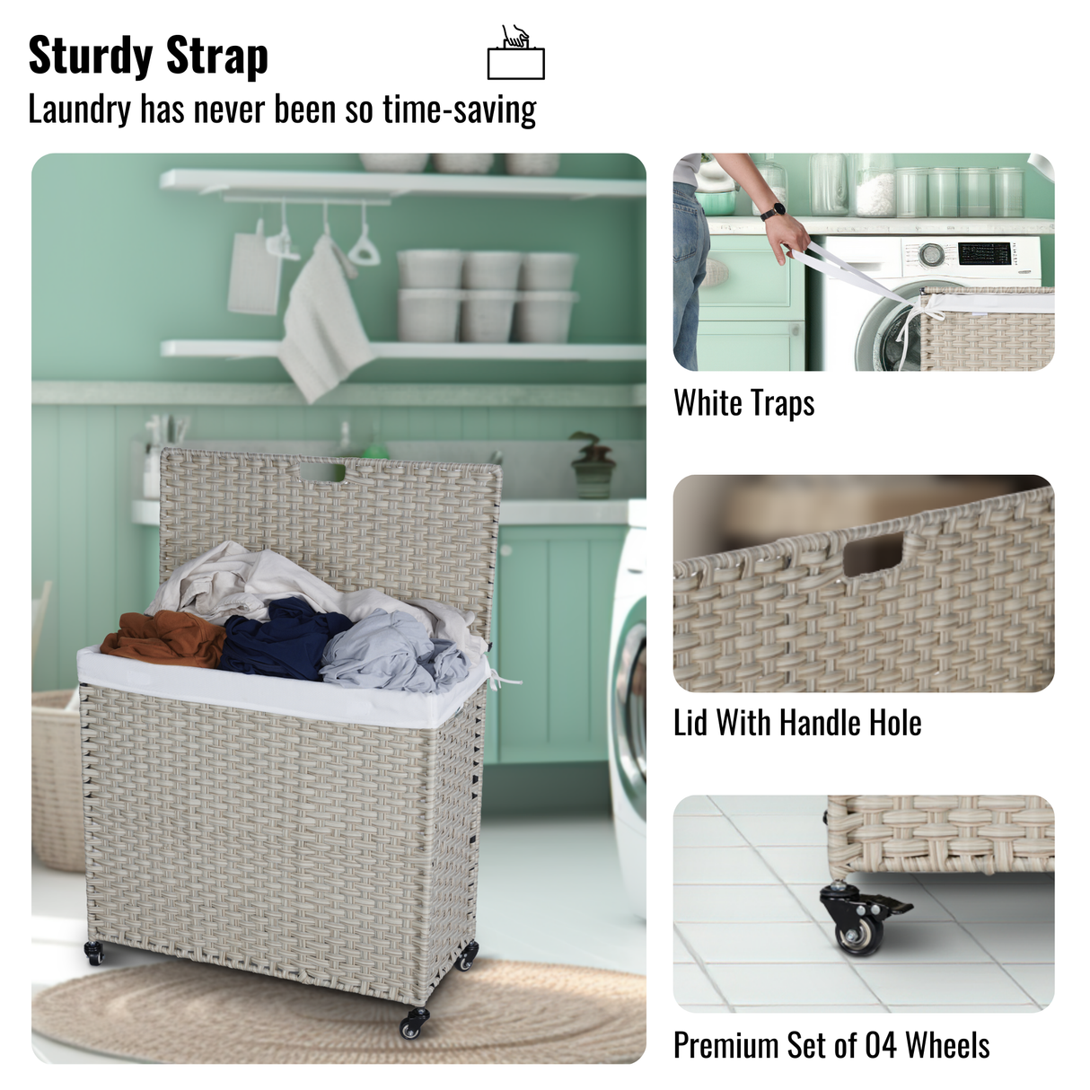 Laundry Hamper With Lid PE Rattan Powder Coating Frame Clothes Hampers with 02 Removable Bags, Wheels, 160L, Grey Color - V.I.P Digital Presence