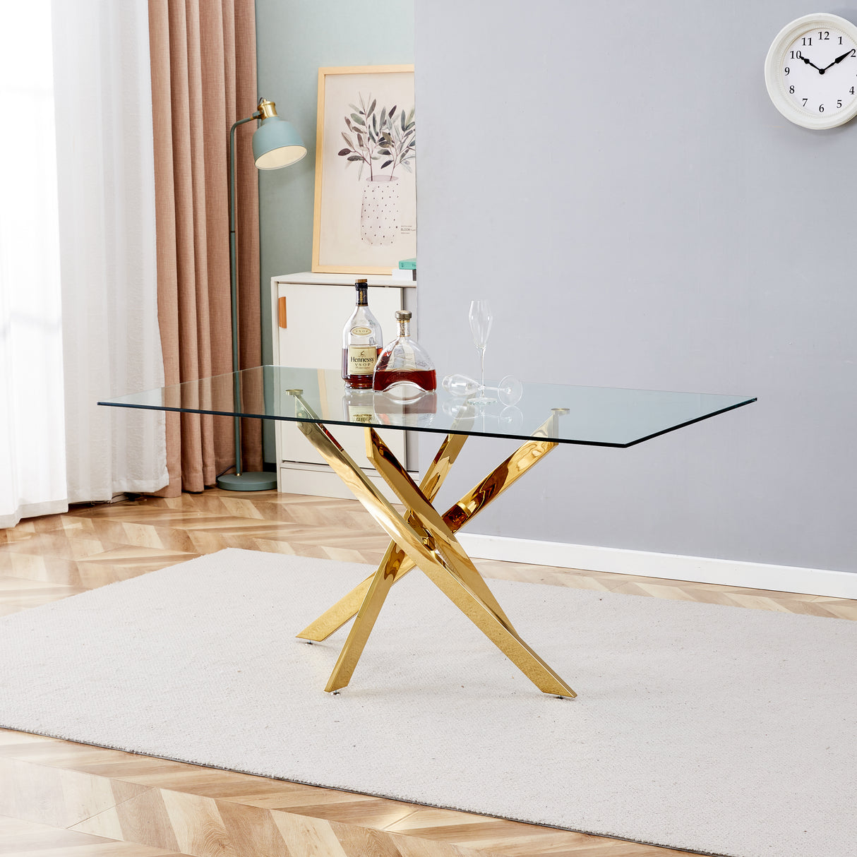 TEMPERED CLEAR GLASS GOLDEN LEG DINNING TABLE 63" - V.I.P Digital Presence