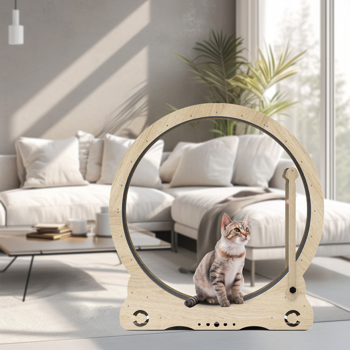 Indoor cat treadmill with carpet, tear device and latch natural wood, 39.4 inches long x 13.2 inches wide x 41.3 inches high - V.I.P Digital Presence