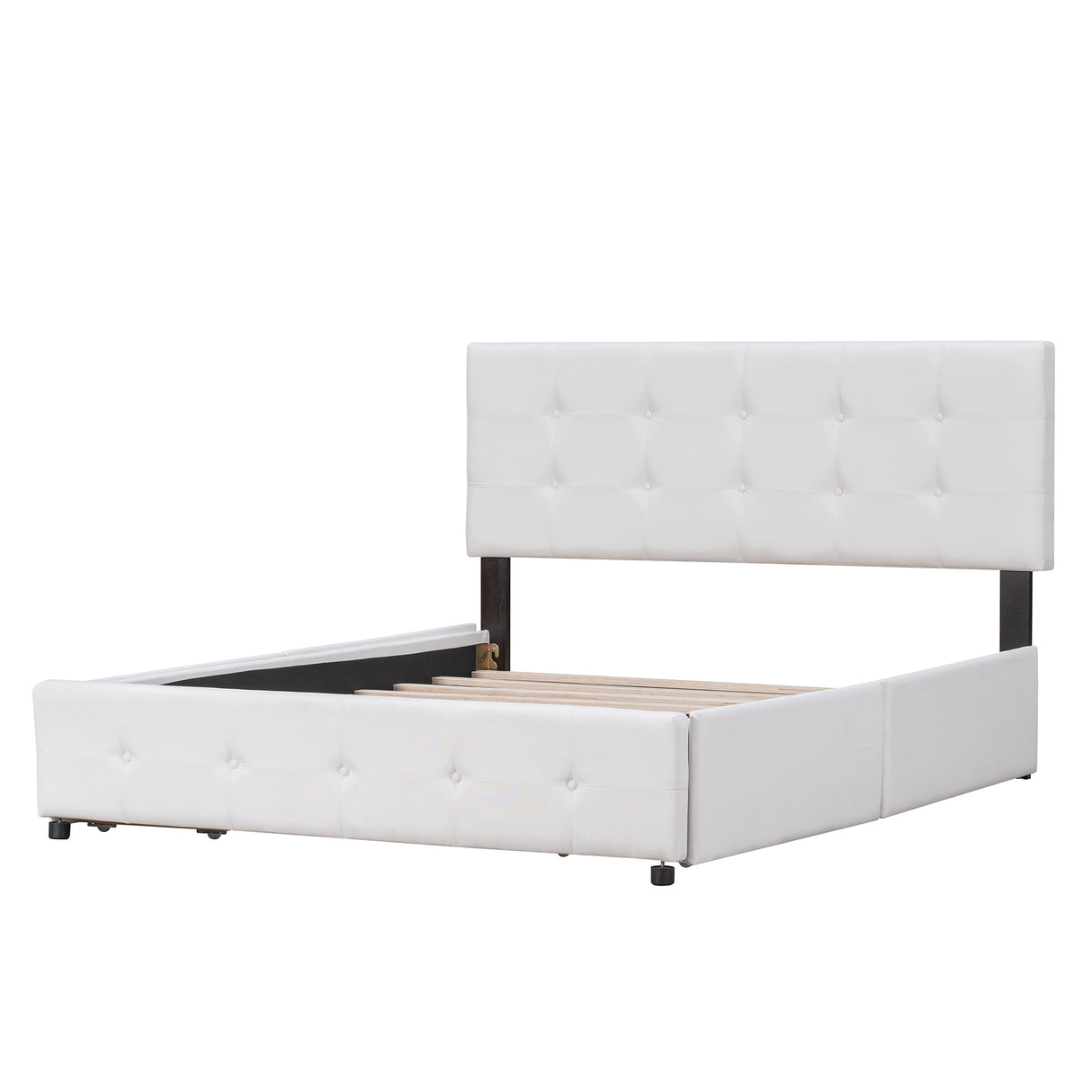 Upholstered Platform Bed with Classic Headboard and 4 Drawers No Box Spring Needed Linen Fabric Queen Size White - V.I.P Digital Presence