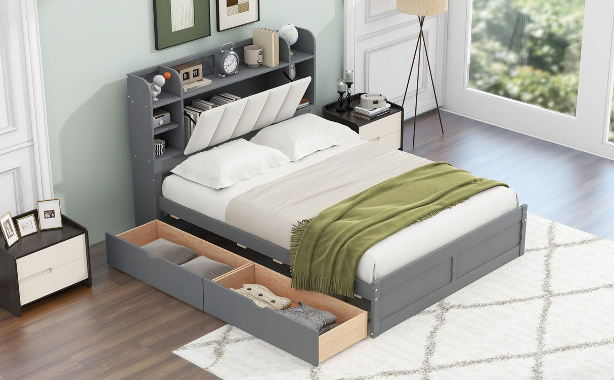 Wood Queen Size Platform Bed with Storage Headboard Shelves and 2 Drawers Gray