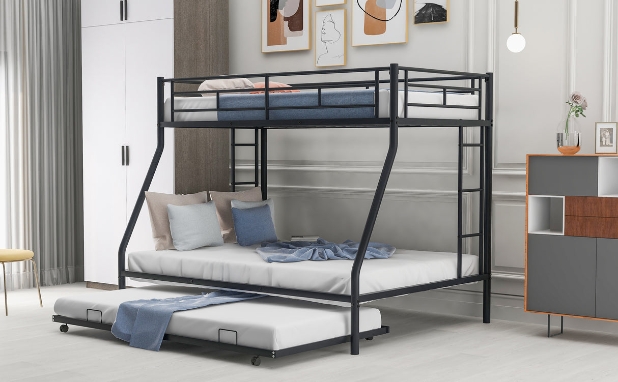 Twin over Full Bed with Sturdy Steel Frame Bunk Bed with Twin Size Trundle Two-Side Ladders Black