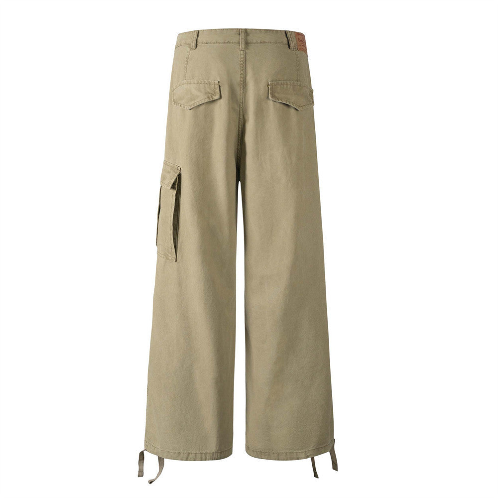 Workwear Straight Leg Long Pants Men's Vibe American Style Pleated Design Irregular Pocket Drawstring Loose Casual Trousers - V.I.P Digital Presence