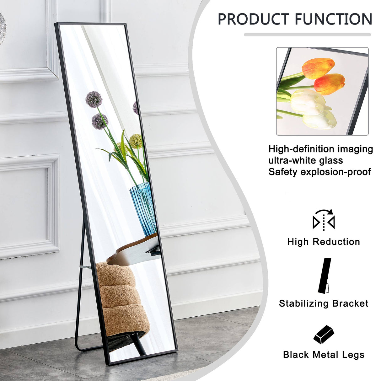 Aluminum alloy metal frame wall mounted full-length mirror black 65 * 23“ - V.I.P Digital Presence