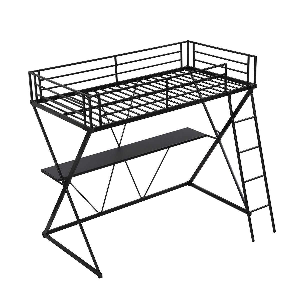Twin Size Loft Bed with Desk Ladder and Full-Length Guardrails X-Shaped Frame Black