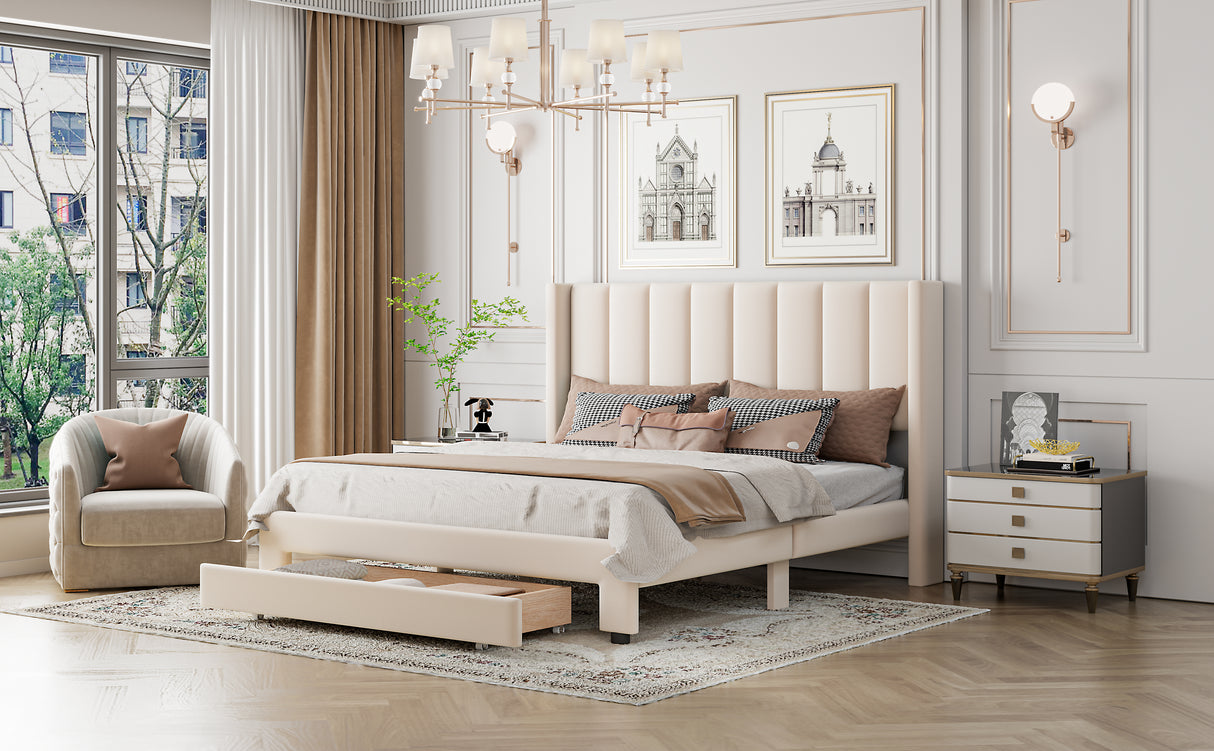 Queen Size Storage Bed Velvet Upholstered Platform Bed with a Big Drawer - Beige - V.I.P Digital Presence