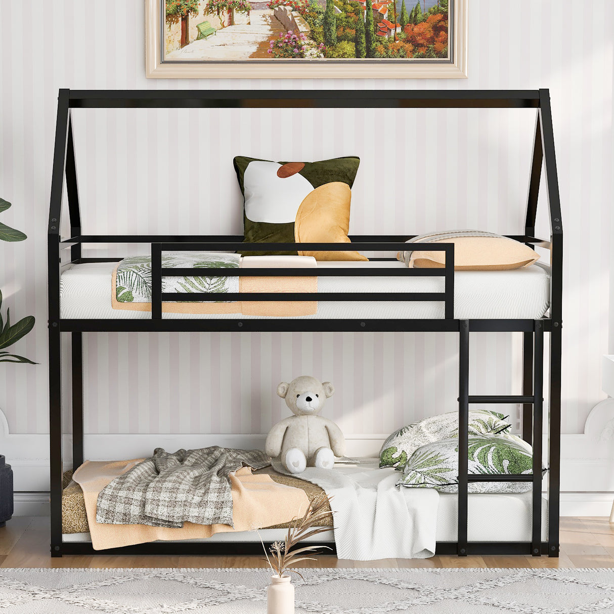 Twin over Twin House Bunk Bed with Built-in Ladder,Black - V.I.P Digital Presence