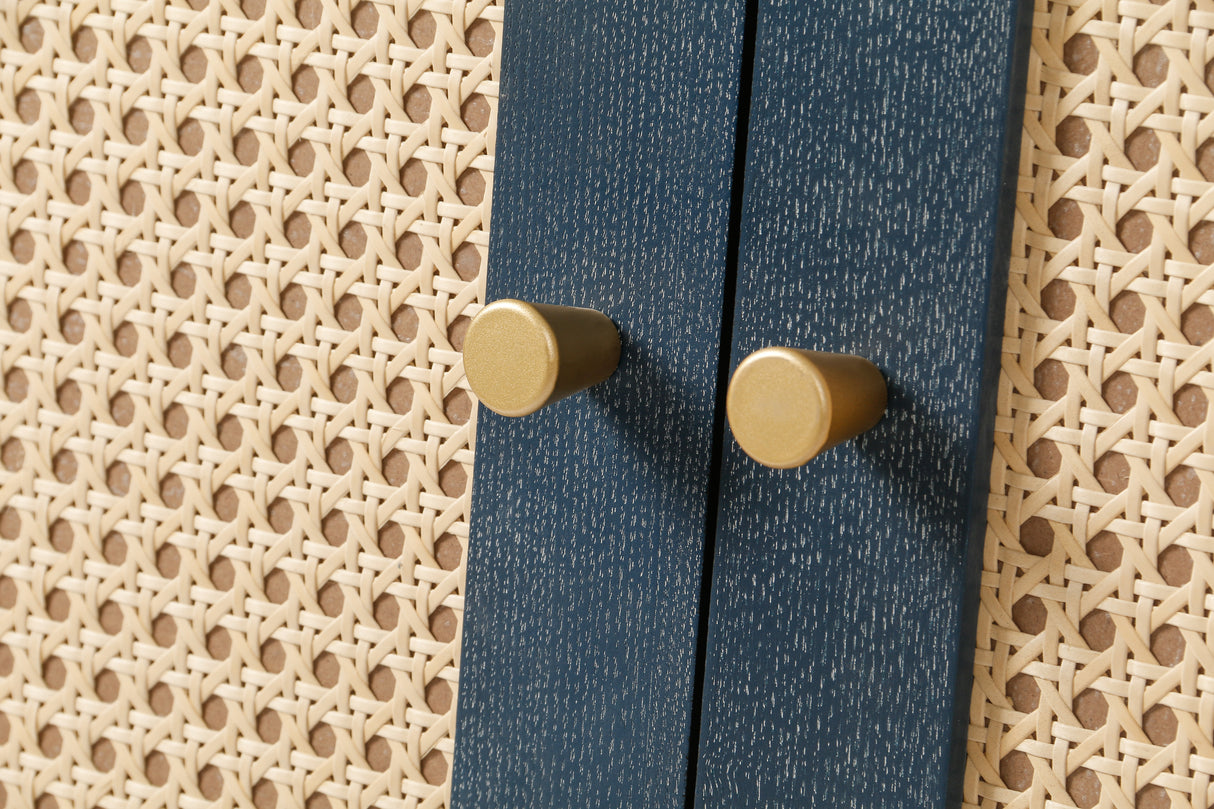 Handcrafted Premium Grain Panels Rattan Sideboard Buffer Cabinet Accent Storage Cabinet With 4 Rattan Doors BLUE - V.I.P Digital Presence