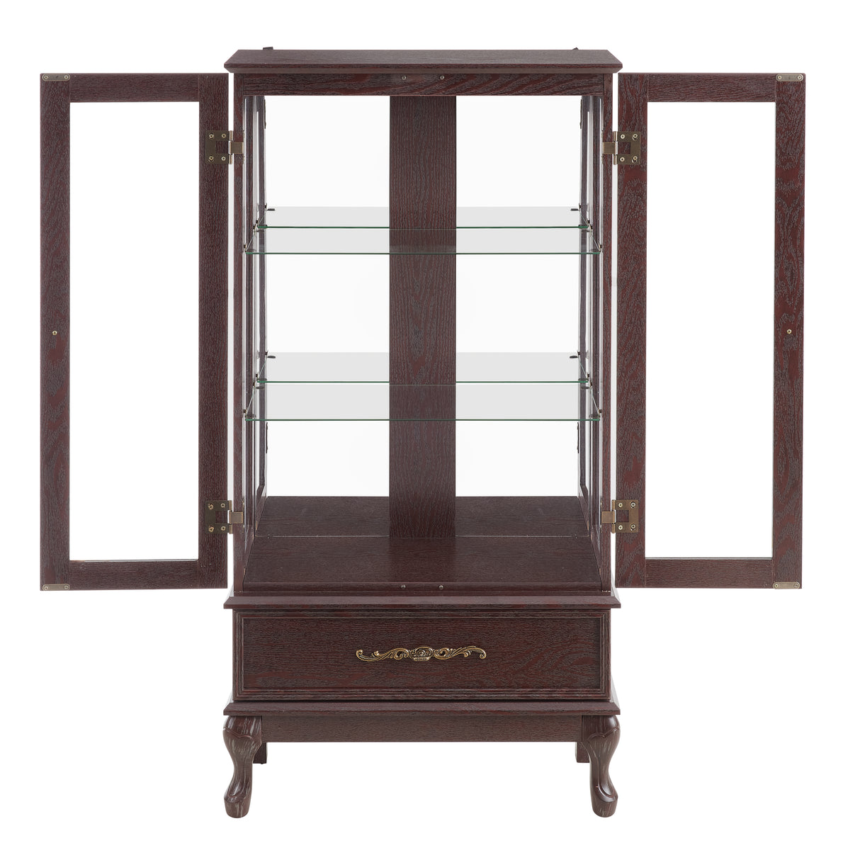Curio cabinet lighting glass cabinet with adjustable glass frame, 2 doors and 1 drawer with light bulb, dark cherry color - V.I.P Digital Presence