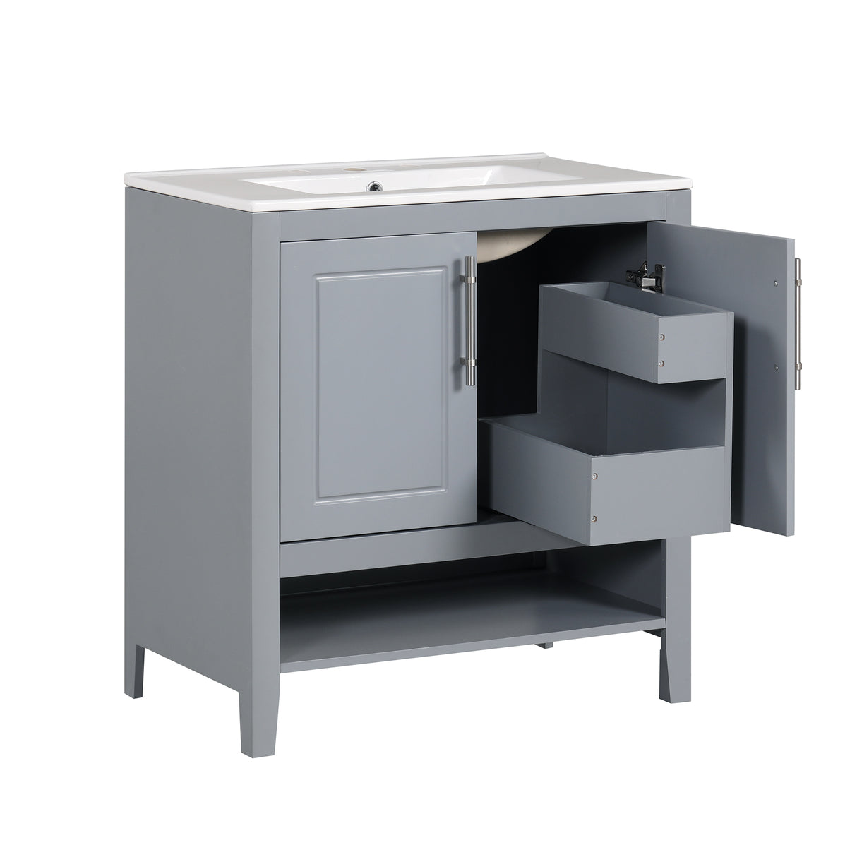 30" Bathroom Vanity with Sink, Multi-functional Bathroom Cabinet with Doors and Drawers, Solid Frame and MDF Board, Grey - V.I.P Digital Presence