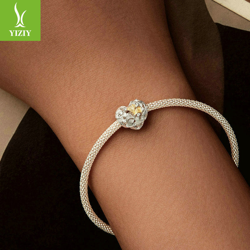 Silver Charm Ginkgo Leaf Splicing Love DIY Bracelet Beads Loose Beads Romantic Autumn Leaves s925 Pure Silver Beads - V.I.P Digital Presence