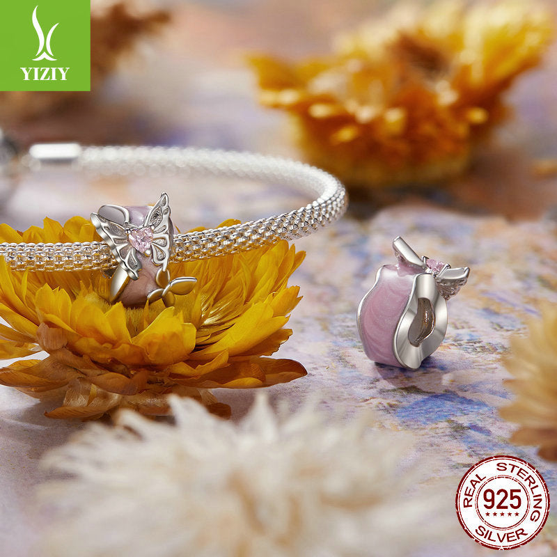 Silver Charm Pink Butterfly DIY Silicone Positioning Bracelet with Separated Beads Romantic Spring Day s925 Pure Silver Beads Loose Beads - V.I.P Digital Presence