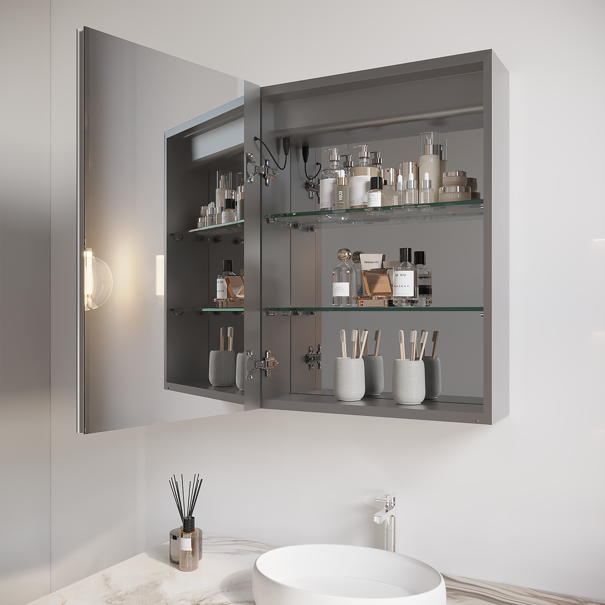26x20 inch(Left Door) bathroom medicine cabinet with LED mirror 3000K~6000K single door lighting bathroom cabinet with touch switch adjusta - V.I.P Digital Presence