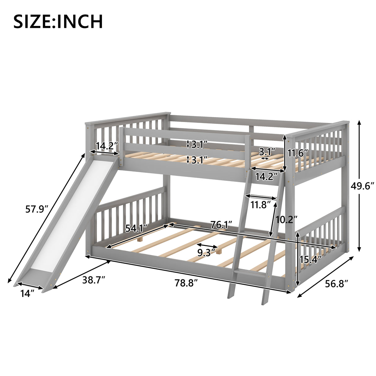 Full over Full Bunk Bed with Convertible Slide and Ladder Gray