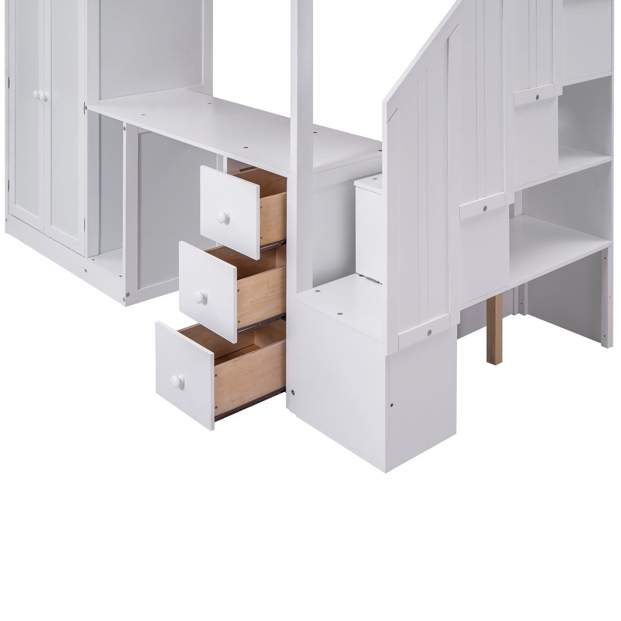 Twin Size Loft Bed with Wardrobe and Staircase, Desk and Storage Drawers and Cabinet in 1 White