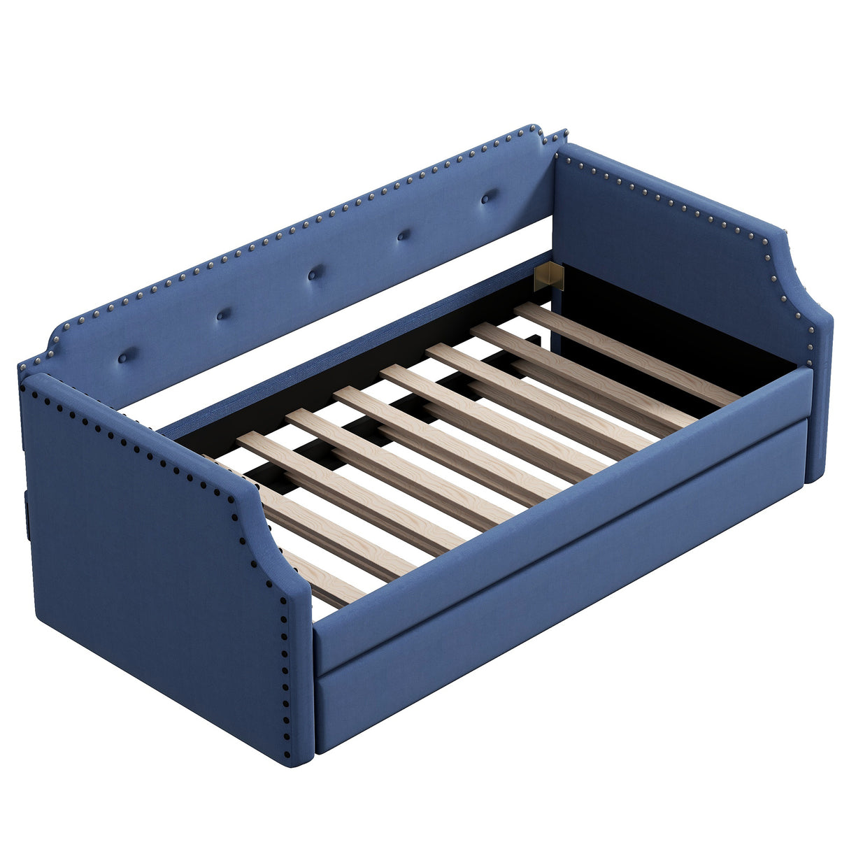 Upholstered Daybed with Trundle, Wood Slat Support,Upholstered Frame Sofa Bed Twin Blue - V.I.P Digital Presence