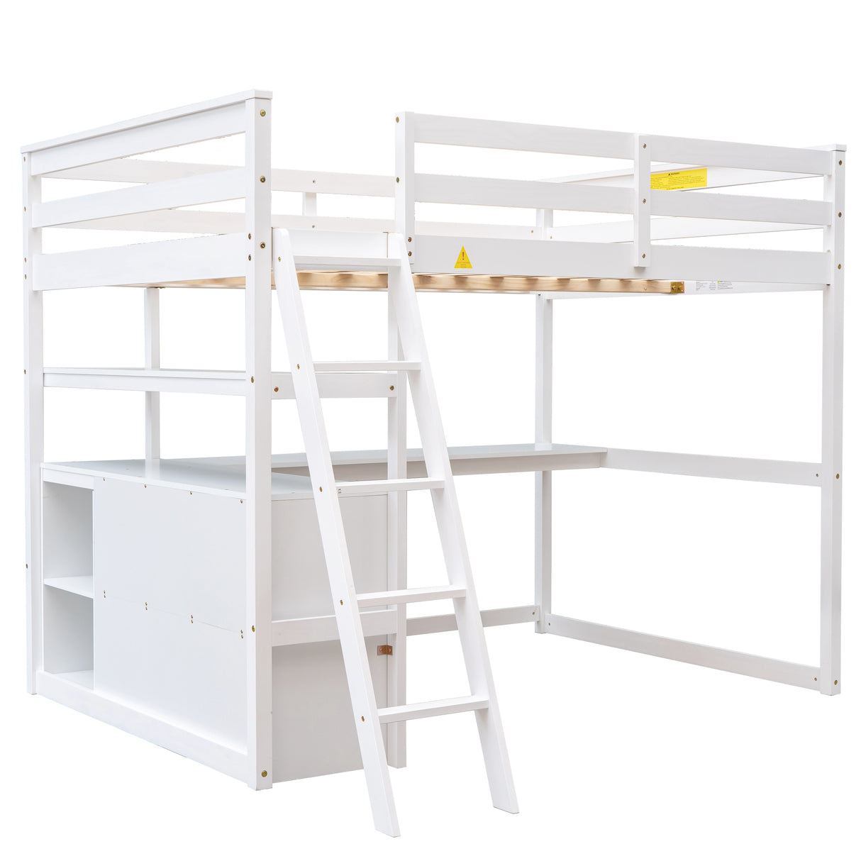 Full Size Loft Bed with Desk and Shelves,Two Built-in Drawers White