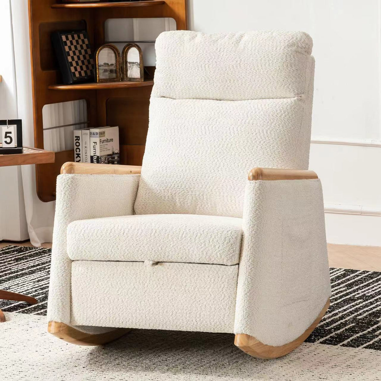 Accent Rocking Chair with Footrest High Back Rubber Wood Rocking Legs Bedroom Living Space 38.6D X 26.8W X 40.6H Inch - V.I.P Digital Presence