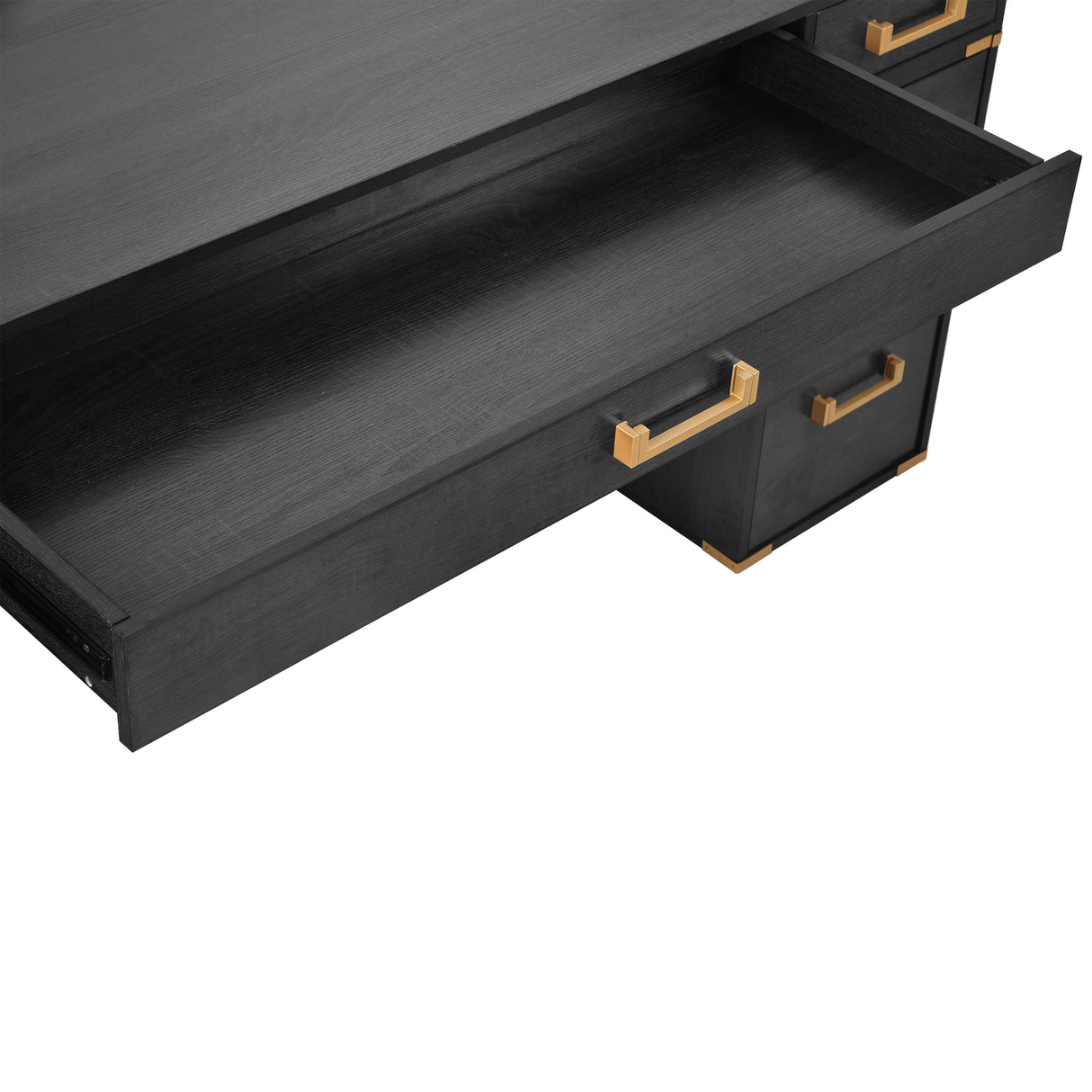70 inch classic and traditional executive desk with metal trim, writing desk with 2 file drawers, USB ports, and sockets, black - V.I.P Digital Presence