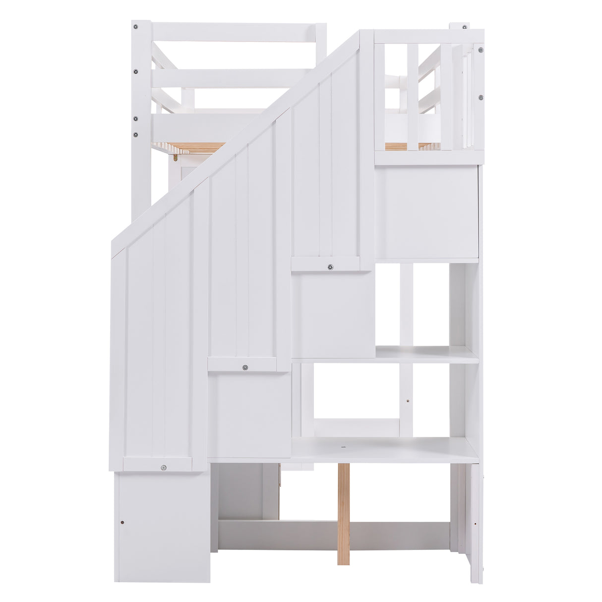 Twin Size Loft Bed with Wardrobe and Staircase, Desk and Storage Drawers and Cabinet in 1 White