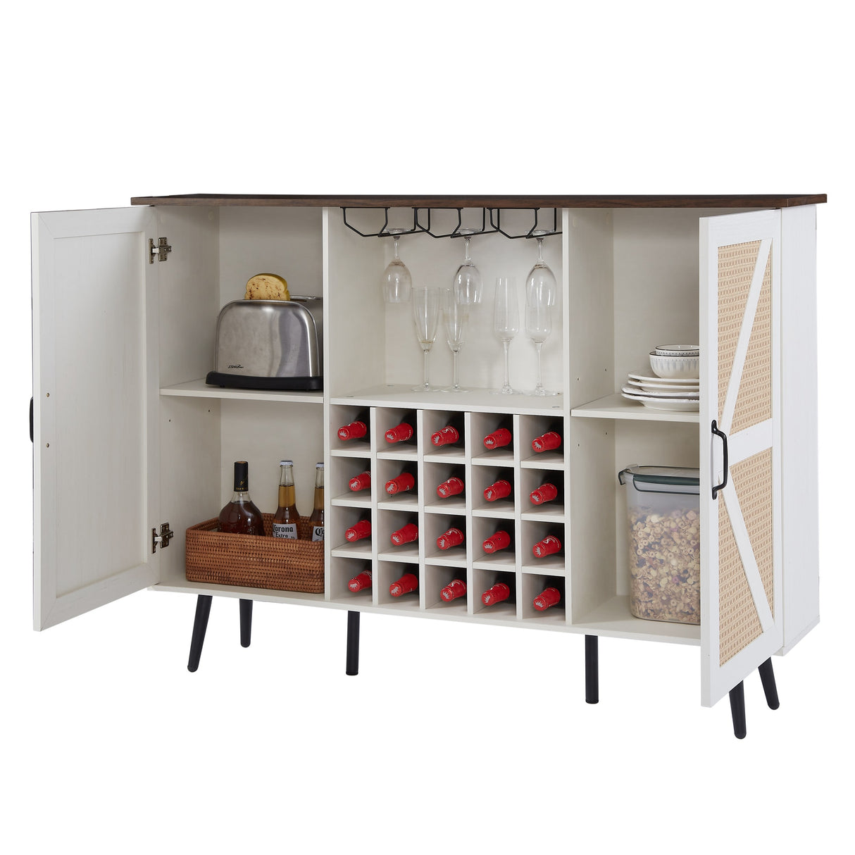 White Faux Rattan Barn Door Wine Cabinet with Wine Rack and Wine Glass Rack, Double Door Design with Removable Shelves - V.I.P Digital Presence