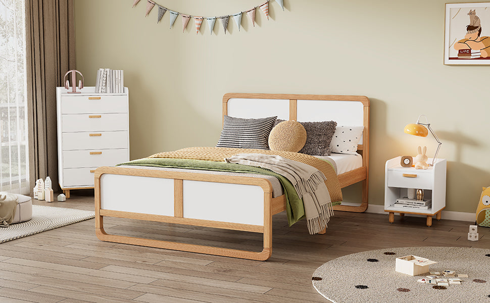 Modern Style Queen Size Solid Wood Platform Bed for Kids, Teens, Adults, No Need Box Spring, Walnut and White - V.I.P Digital Presence