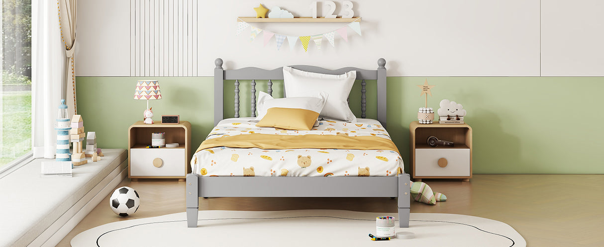 Twin Bed with Column-Decoration Headboard, with Bed Slats,Grey - V.I.P Digital Presence