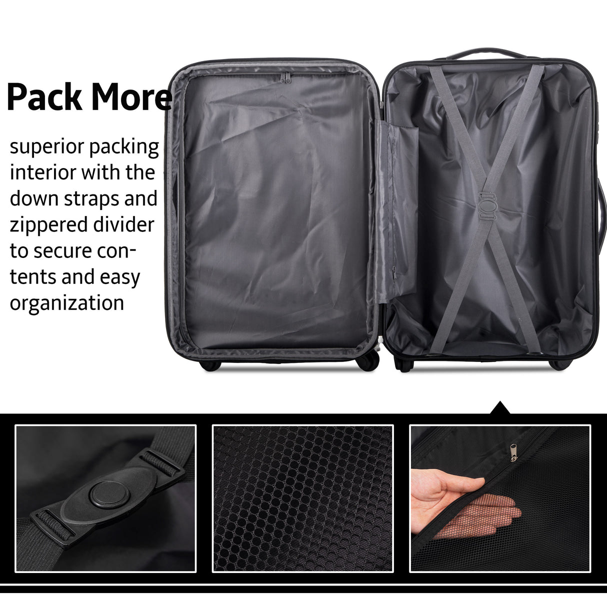 Black 3 Piece Luggage Set Hardside Spinner Suitcase with TSA Lock 20" 24' 28" Available