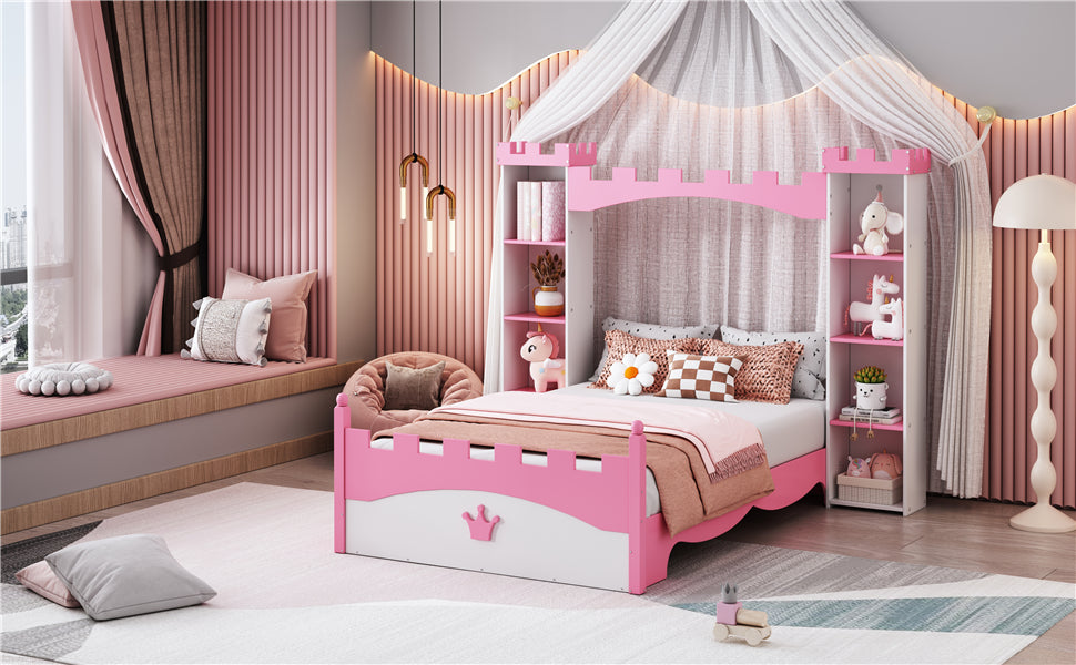 Castle-Shaped Wooden Bed with Storage Shelf, Dreamy Twin Size Platform Bed for Kids Bedroom, White + Pink - V.I.P Digital Presence