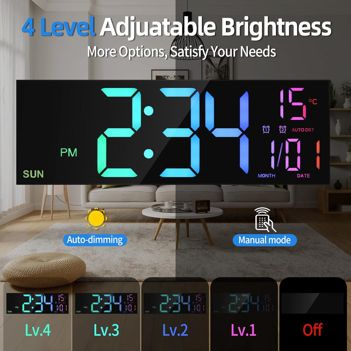Large Digital Wall Clock with Remote Control Big LED/Dual Alarm/8 RGB Colors Digital Alarm Clock Electronic Watch - V.I.P Digital Presence