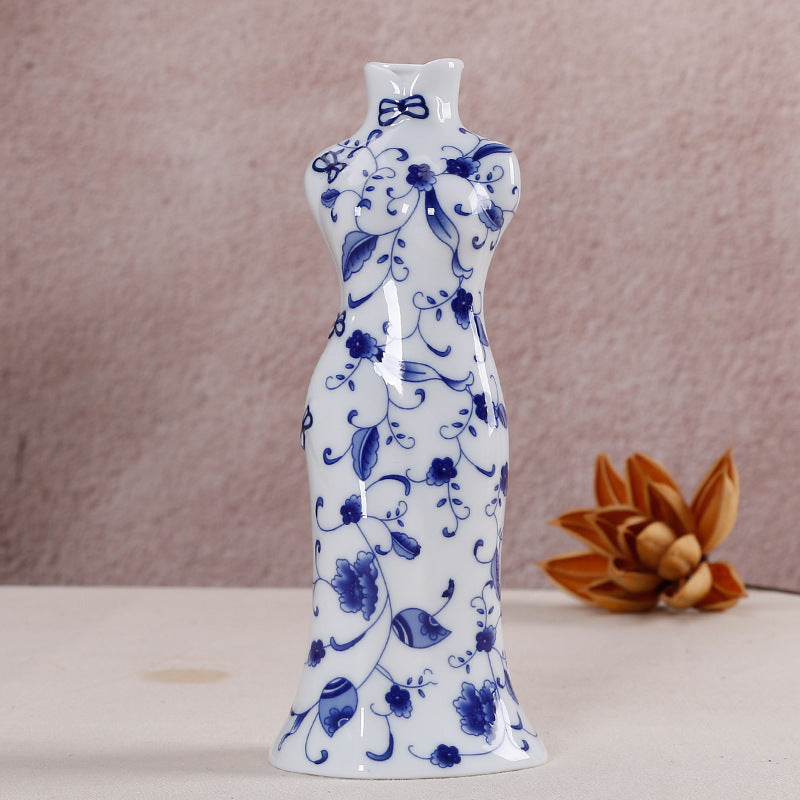 Ceramic ornaments blue and white porcelain mini vases cheongsam flower arrangements living room home decorations - V.I.P Digital Presence