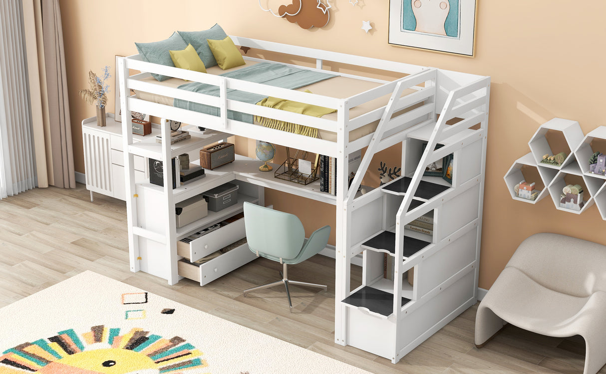 Twin Size Loft Bed with Desk and Shelves Two Built-in Drawers Storage Staircase White