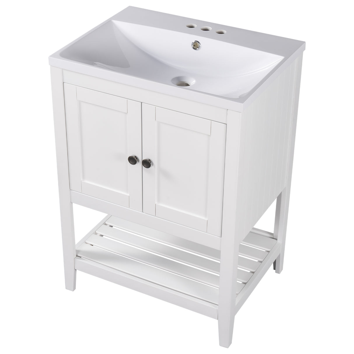 24" White Modern Sleek Bathroom Vanity Elegant Ceramic Sink with Solid Wood Frame Open Style Shelf - V.I.P Digital Presence