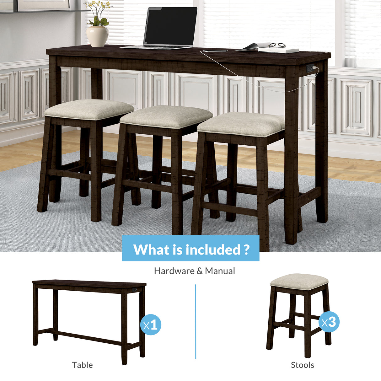 TOPMAX 4 Pieces Counter Height Table with Fabric Padded Stools, Rustic Bar Dining Set with Socket, Brown - V.I.P Digital Presence