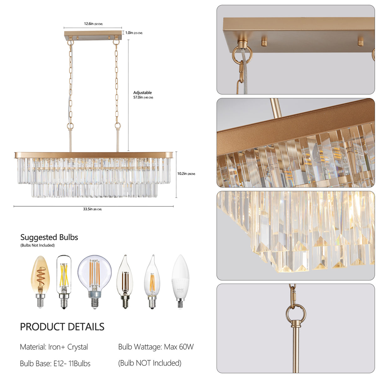 Chandeliers,Rectangular Crystal Chandelier Adjustable,E12 Modern Industrial Crystal Lights (Bulb Not Included) - V.I.P Digital Presence