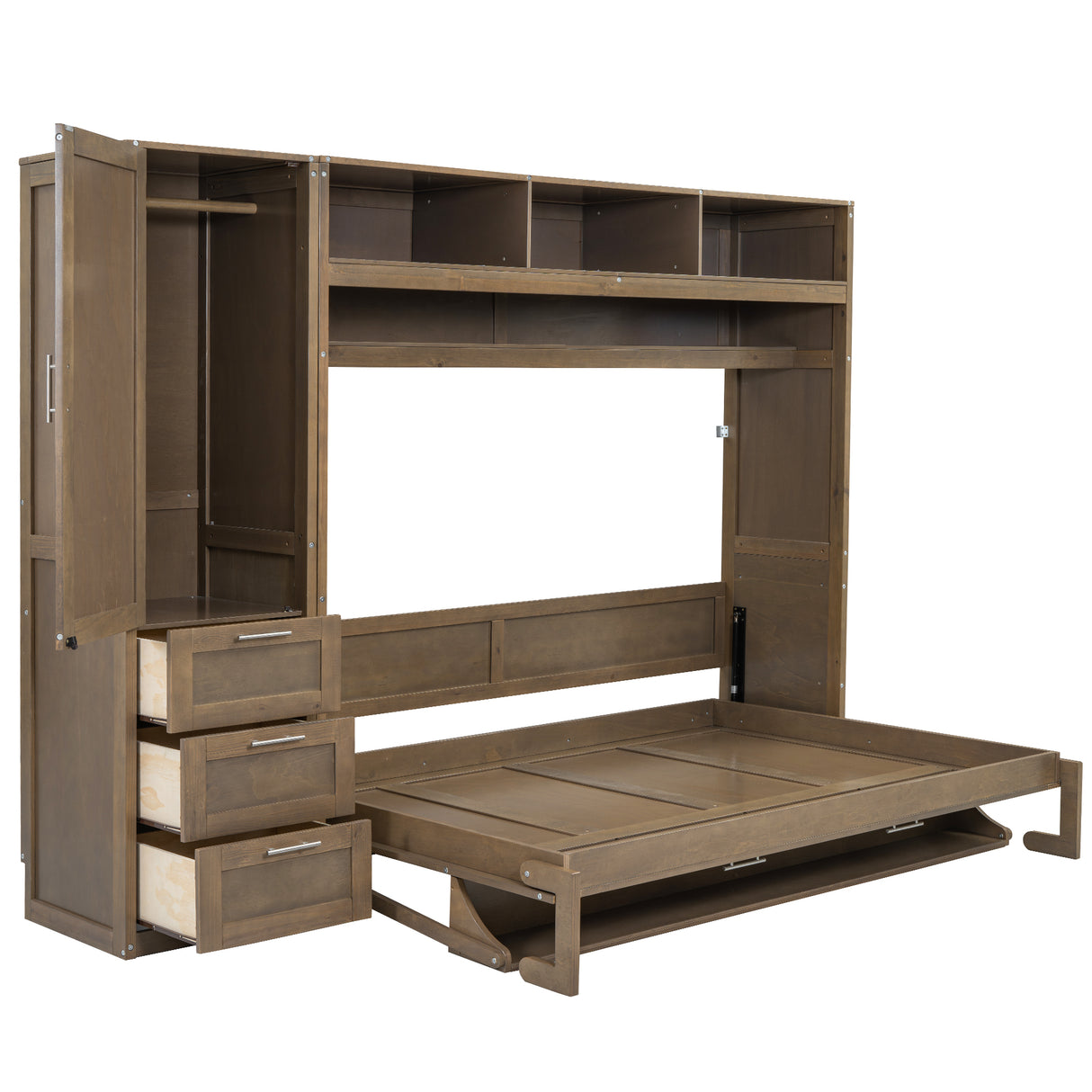 Full Size Murphy Bed with Wardrobe, Drawers and Open Shelves, Antique Grey - V.I.P Digital Presence