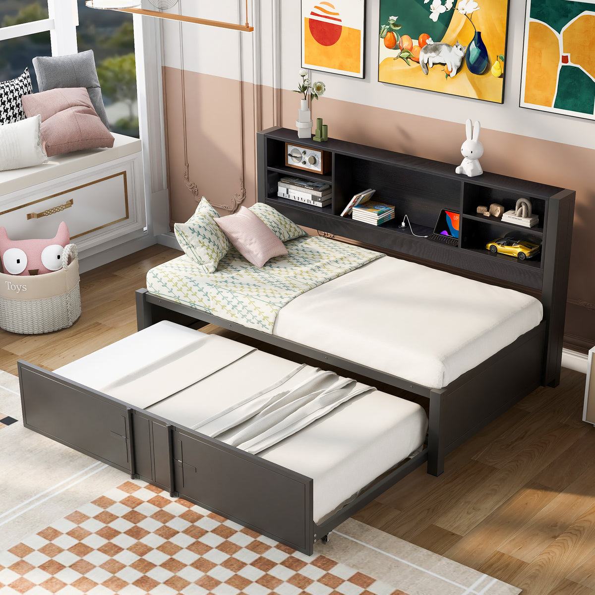 Metal Twin Size Daybed with Twin Size Trundle Storage Shelves and USB Ports Black