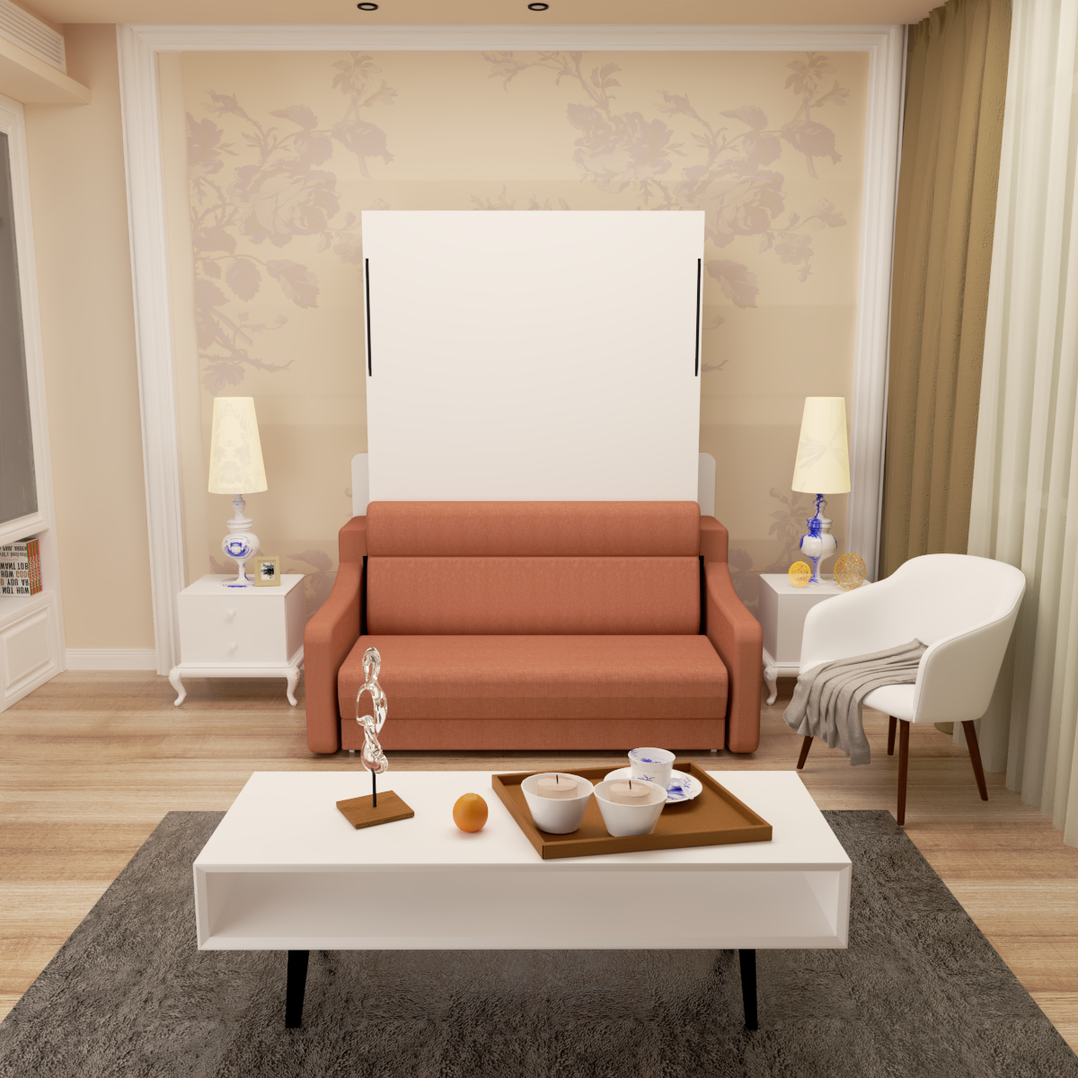 Full size Morden Deisgn vertical Murphy bed with sofa and drawers, white wall bed, space saving hidden bed with new gas pillars - V.I.P Digital Presence